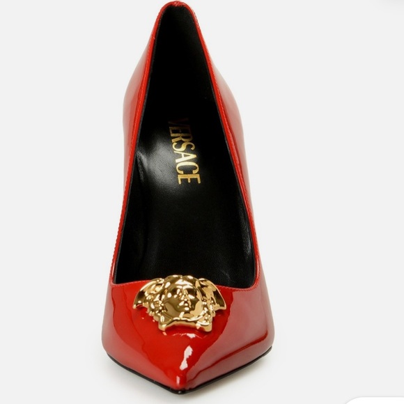 Versace Shoes - Versace Red Patent Leather Pointed Pump with Gold Medusa Accent